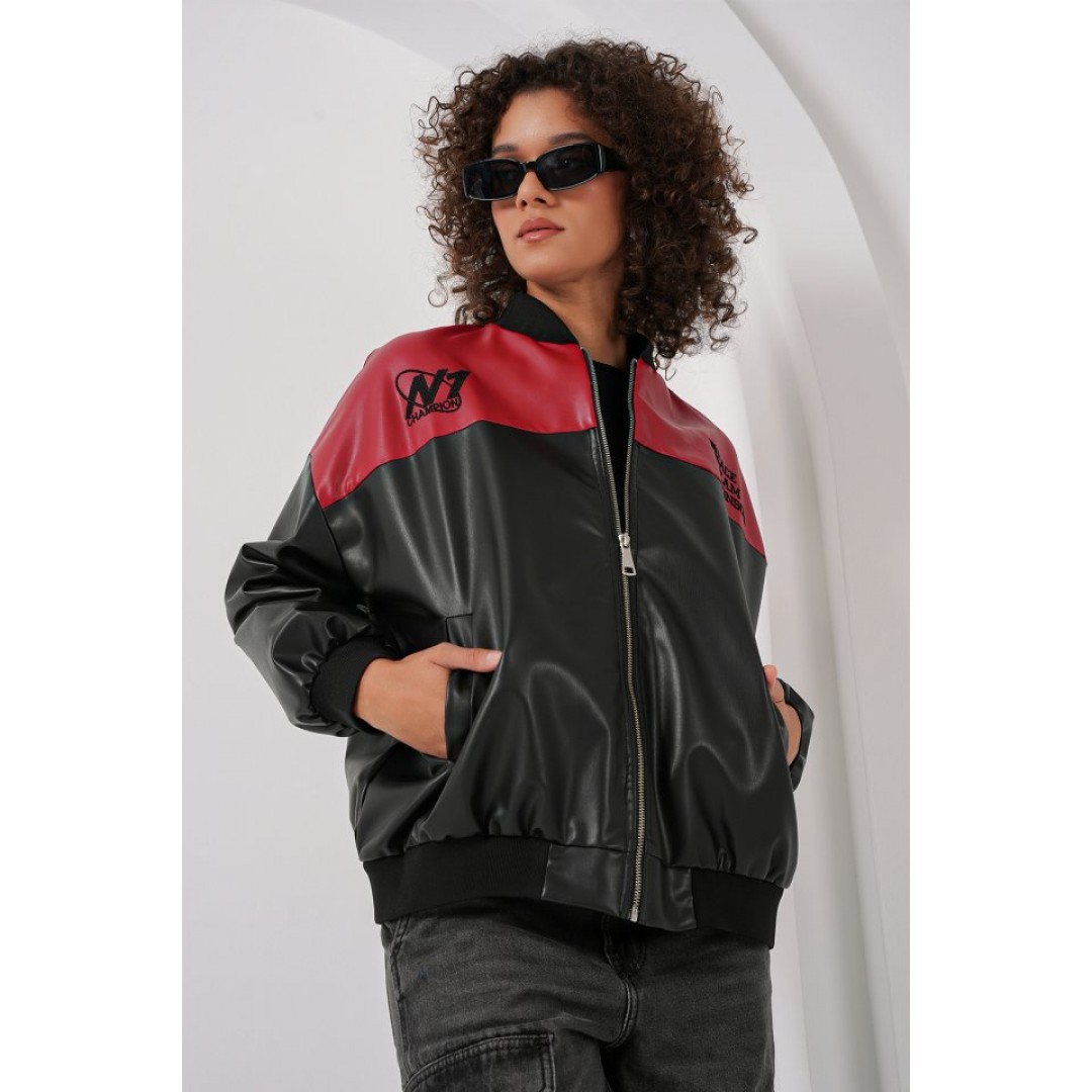 0698 Baskılı Suni Deri Bomber Ceket - Bordo 145666 0698 Baskılı Suni Deri Bomber Ceket - Bordo 145666
