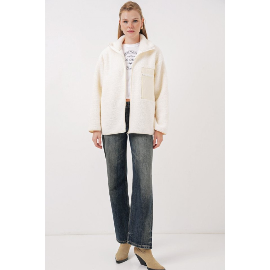 55446 Fermuarlı Oversize Peluş Mont - Bej - 145667 55446 Fermuarlı Oversize Peluş Mont - Bej - 145667