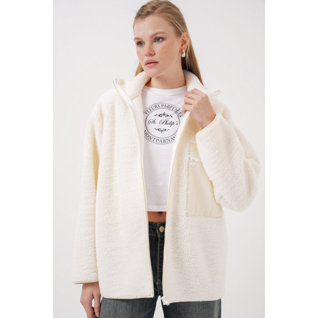 55446 Fermuarlı Oversize Peluş Mont - Bej - 145667 55446 Fermuarlı Oversize Peluş Mont - Bej - 145667