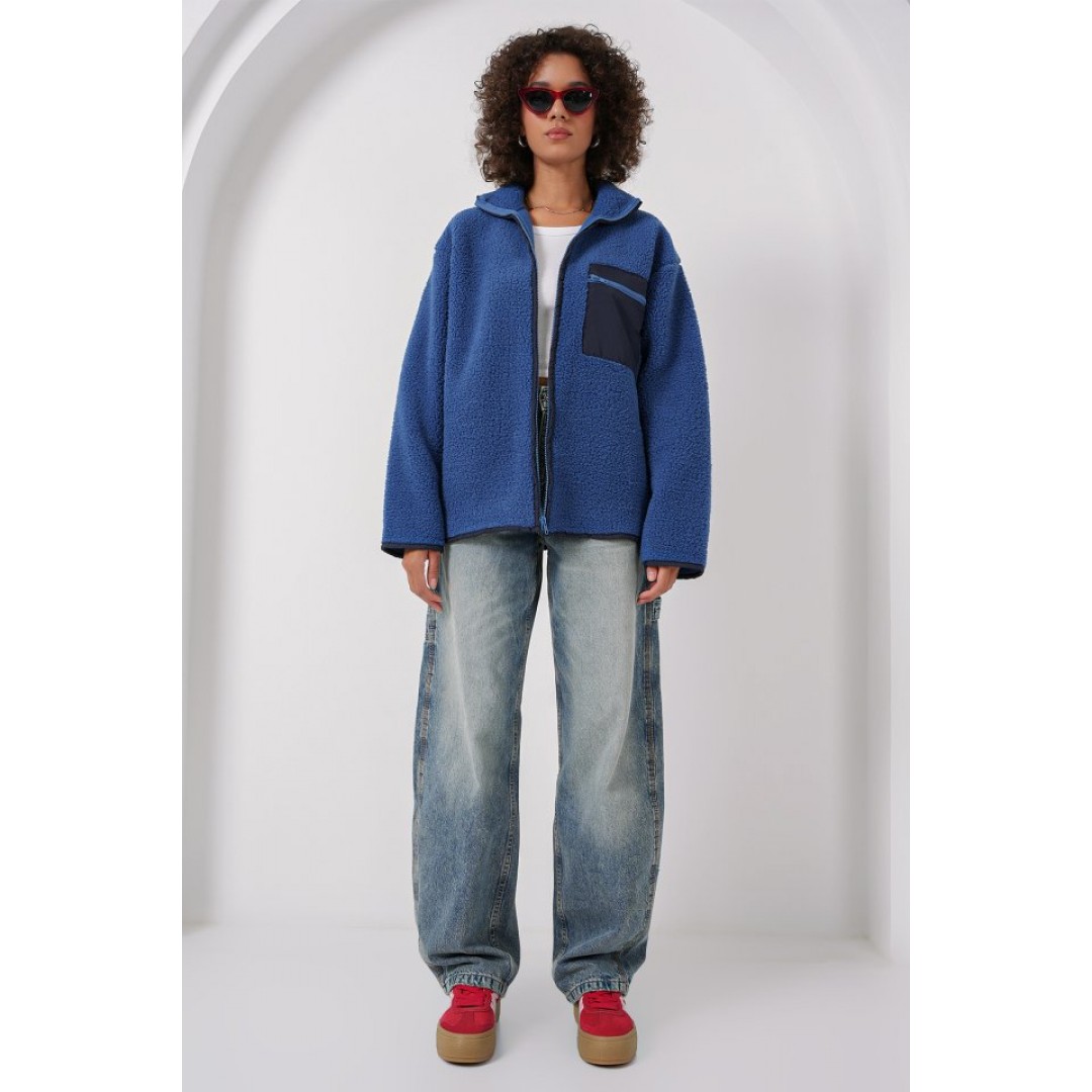 55446 Fermuarlı Oversize Peluş Ceket - Saks 145668 55446 Fermuarlı Oversize Peluş Ceket - Saks 145668