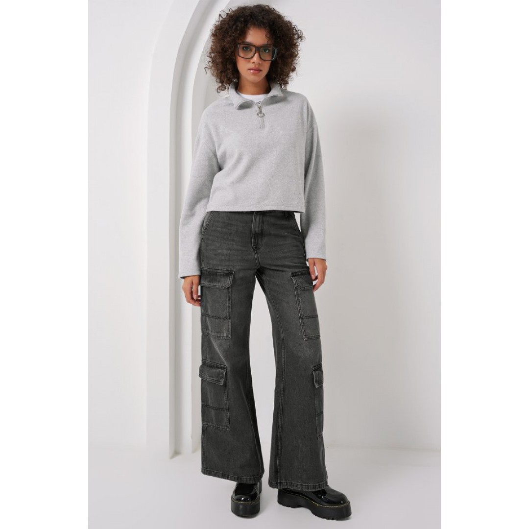 55449 Fermuarlı Yaka Örme Sweatshirt - Gri 145670 55449 Fermuarlı Yaka Örme Sweatshirt - Gri 145670