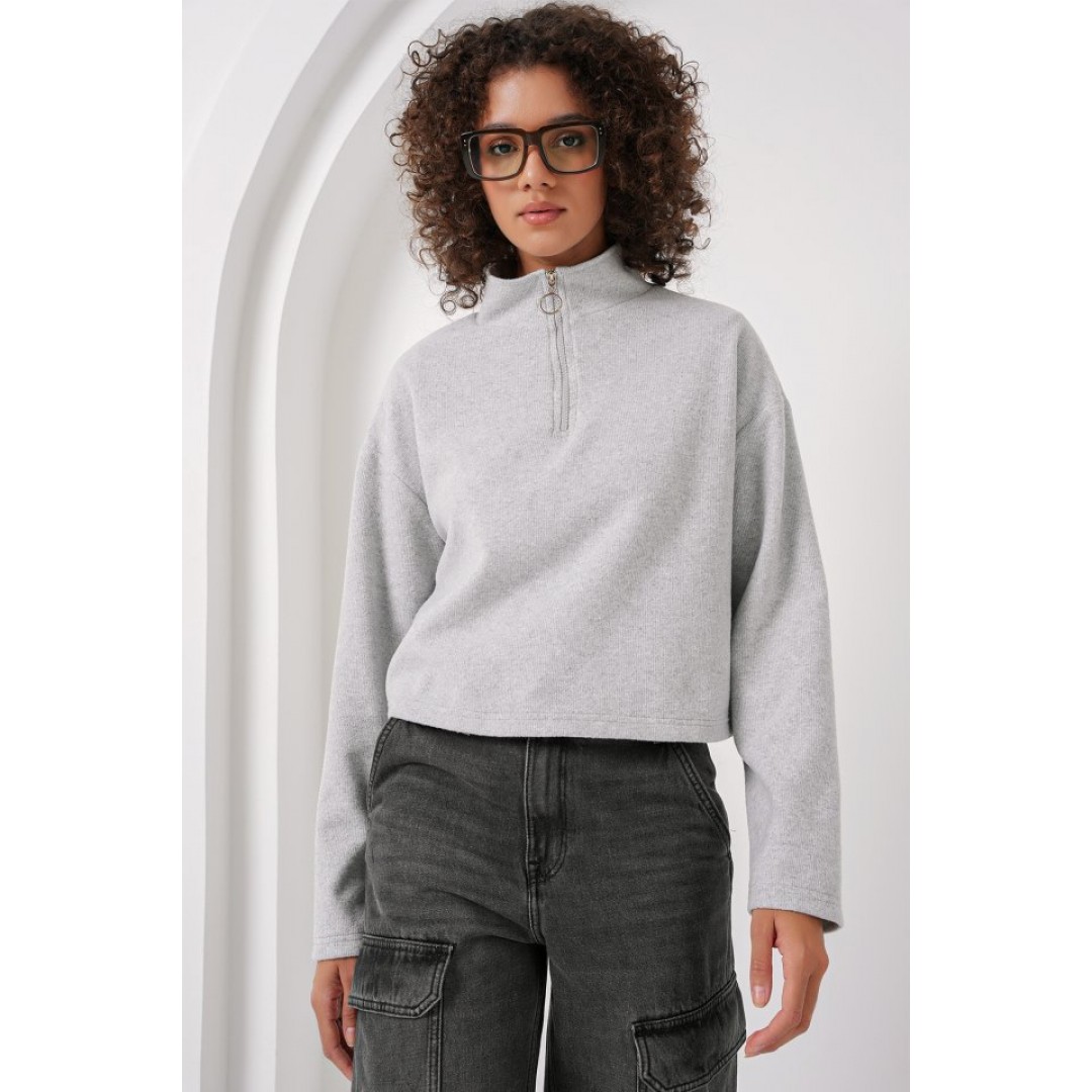 55449 Fermuarlı Yaka Örme Sweatshirt - Gri 145670 55449 Fermuarlı Yaka Örme Sweatshirt - Gri 145670