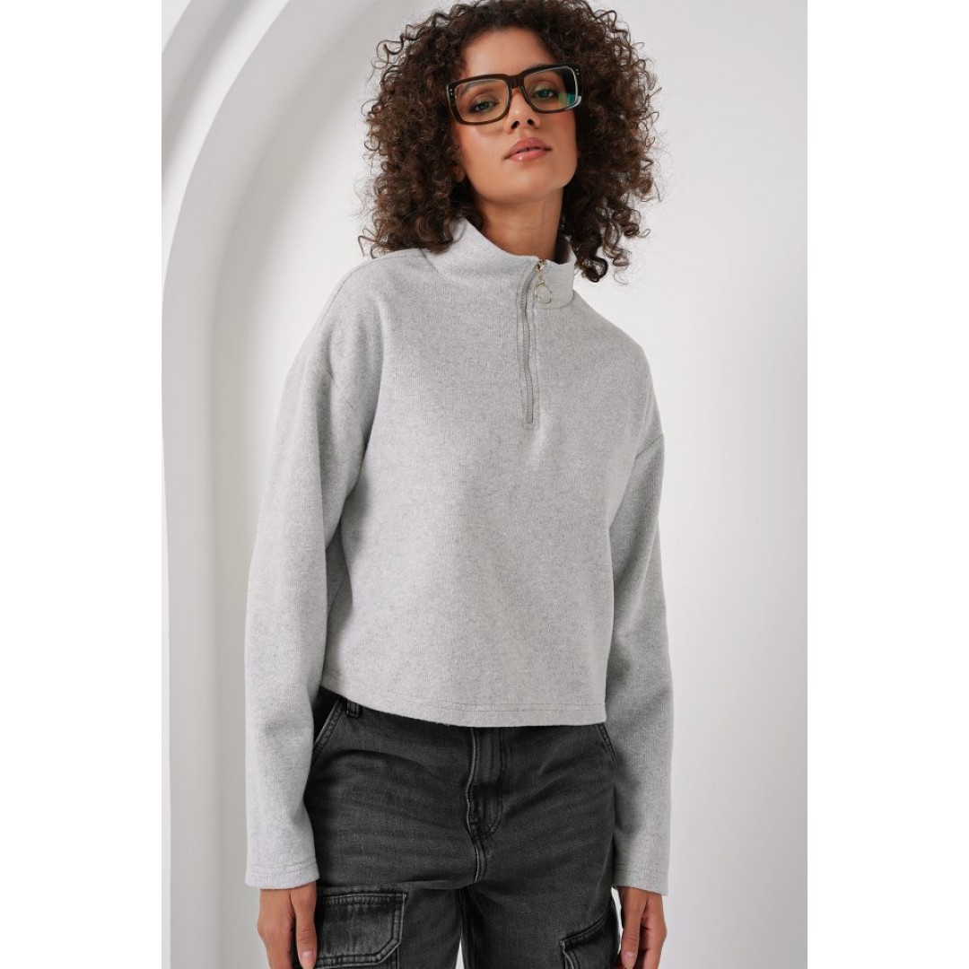 55449 Fermuarlı Yaka Örme Sweatshirt - Gri 145670 55449 Fermuarlı Yaka Örme Sweatshirt - Gri 145670