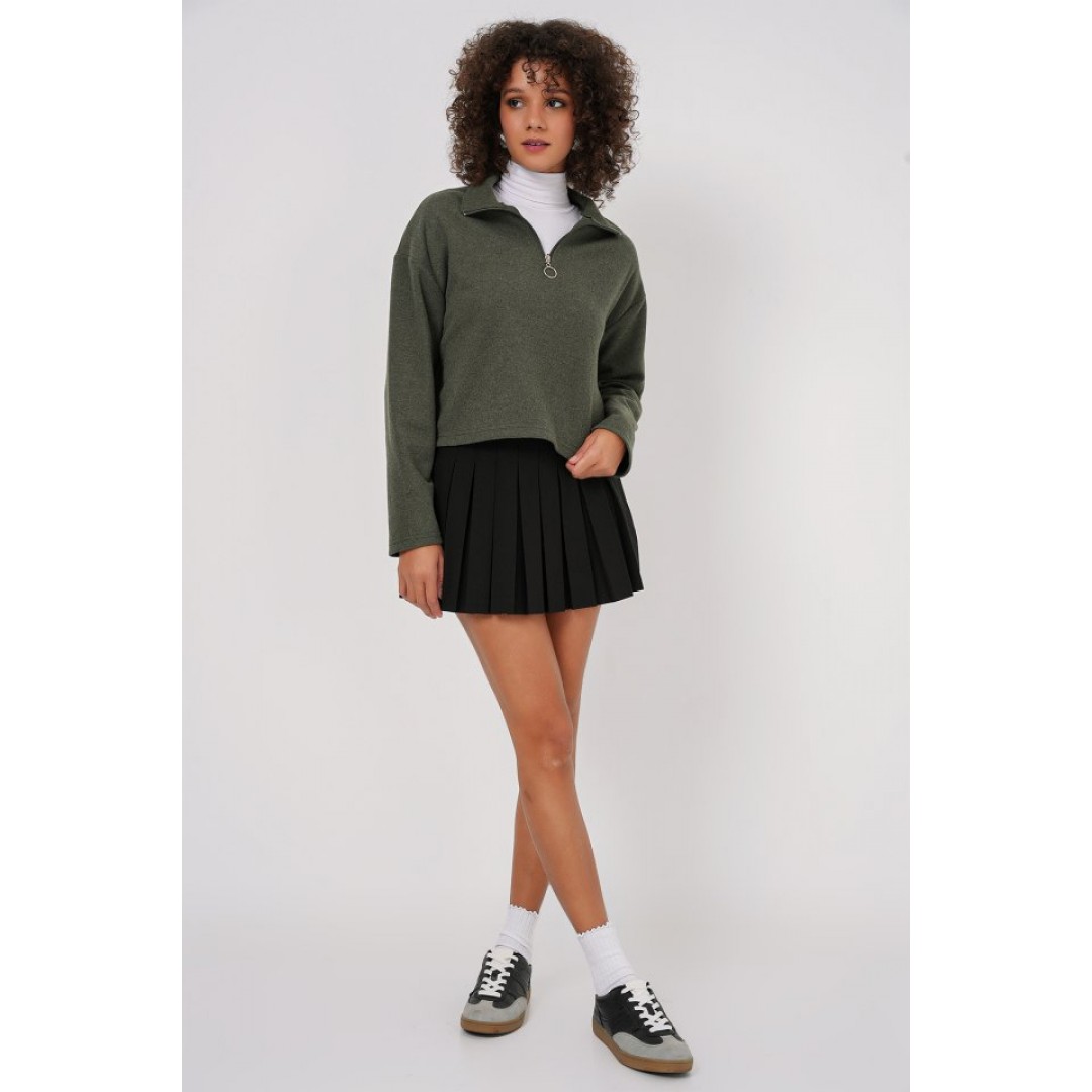 55449 Fermuarlı Yaka Örme Sweatshirt - Haki 145677 55449 Fermuarlı Yaka Örme Sweatshirt - Haki 145677