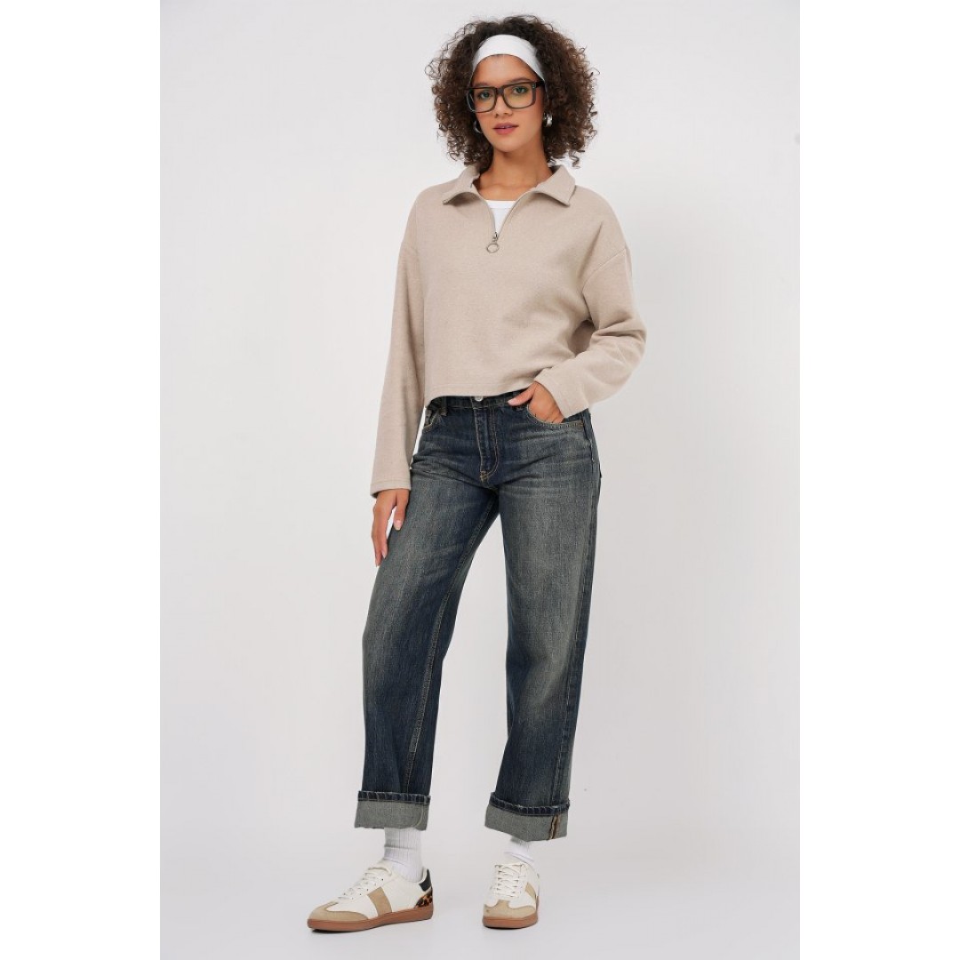55449 Fermuarlı Yaka Örme Sweatshirt - Krem 145678 55449 Fermuarlı Yaka Örme Sweatshirt - Krem 145678