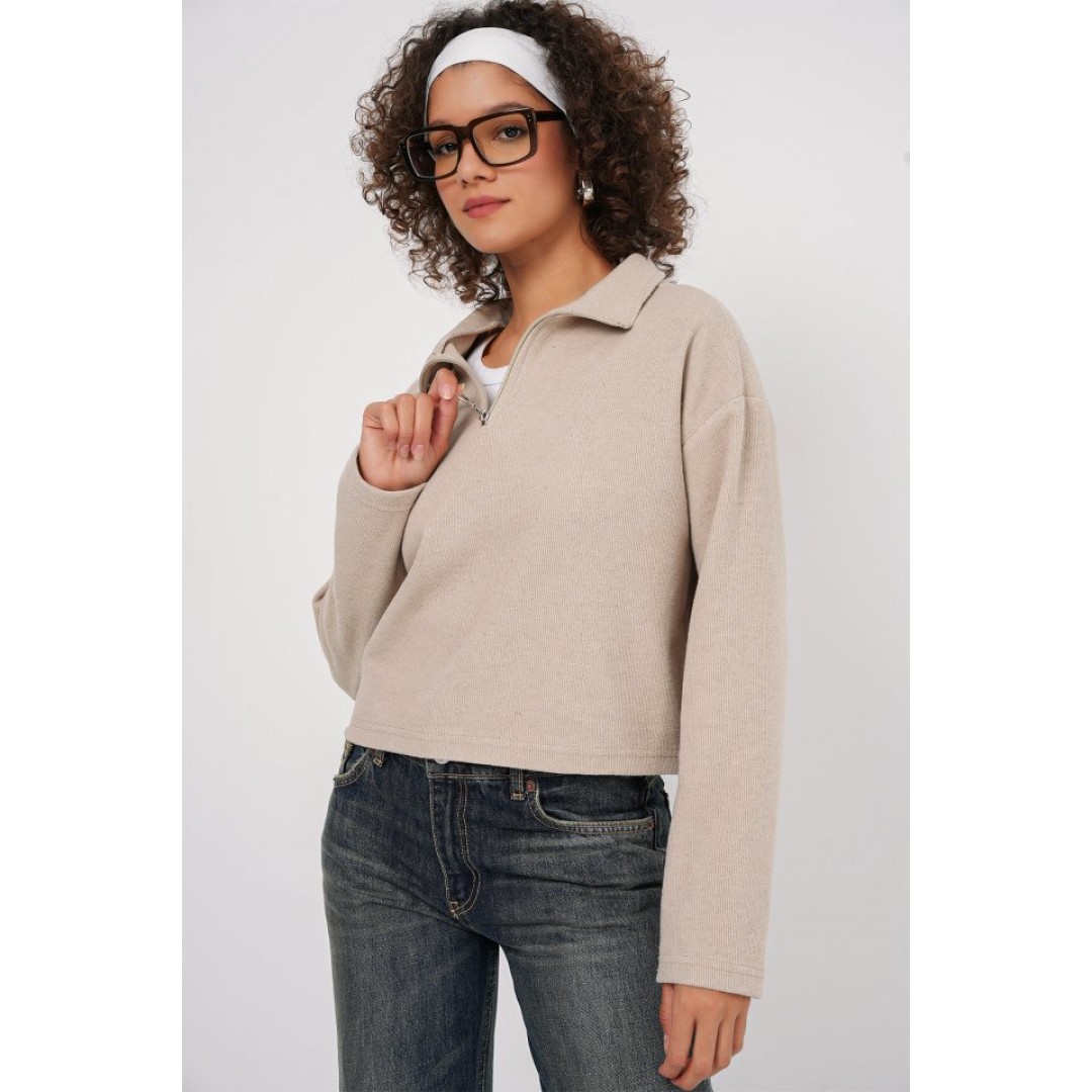 55449 Fermuarlı Yaka Örme Sweatshirt - Krem 145678 55449 Fermuarlı Yaka Örme Sweatshirt - Krem 145678
