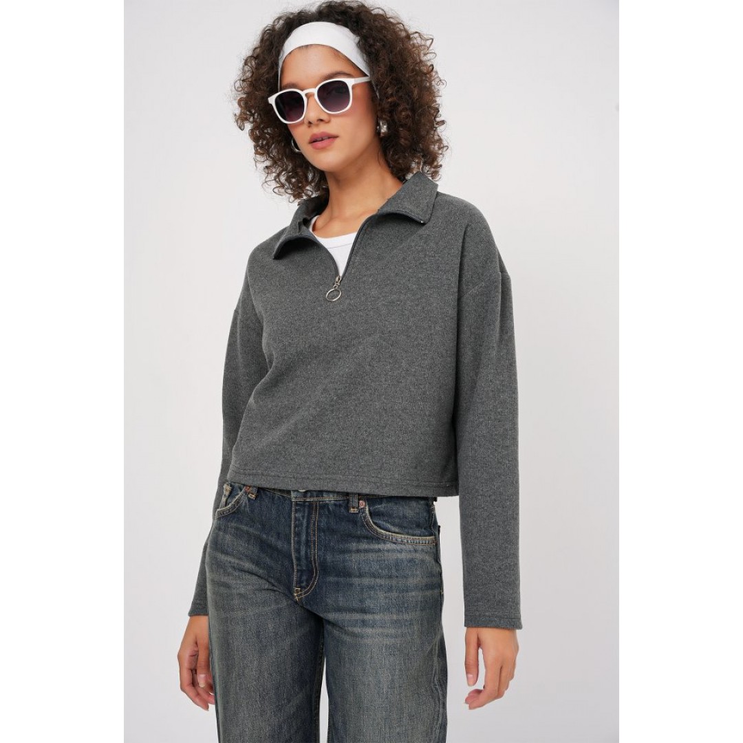 55449 Fermuarlı Yaka Örme Sweatshirt - Antrasit 145679 55449 Fermuarlı Yaka Örme Sweatshirt - Antrasit 145679