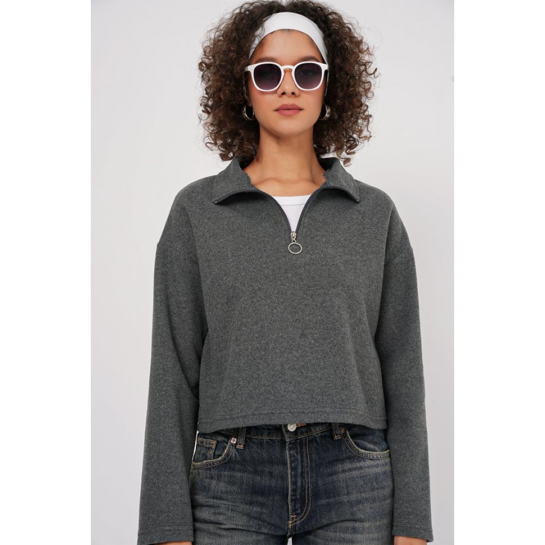 55449 Fermuarlı Yaka Örme Sweatshirt - Antrasit 145679 55449 Fermuarlı Yaka Örme Sweatshirt - Antrasit 145679