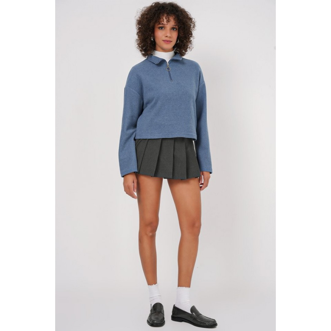 55449 Fermuarlı Yaka Örme Sweatshirt - İndigo 145682 55449 Fermuarlı Yaka Örme Sweatshirt - İndigo 145682