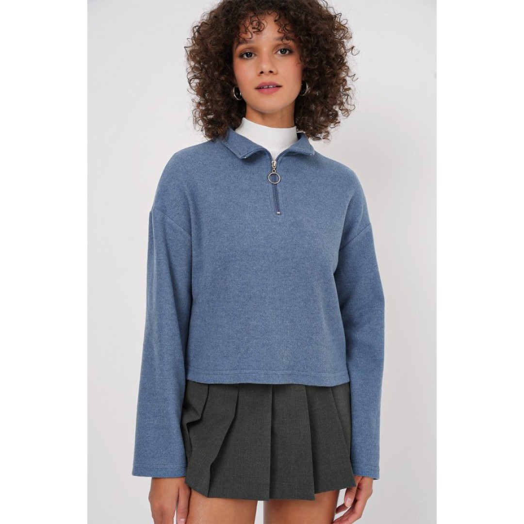 55449 Fermuarlı Yaka Örme Sweatshirt - İndigo 145682 55449 Fermuarlı Yaka Örme Sweatshirt - İndigo 145682