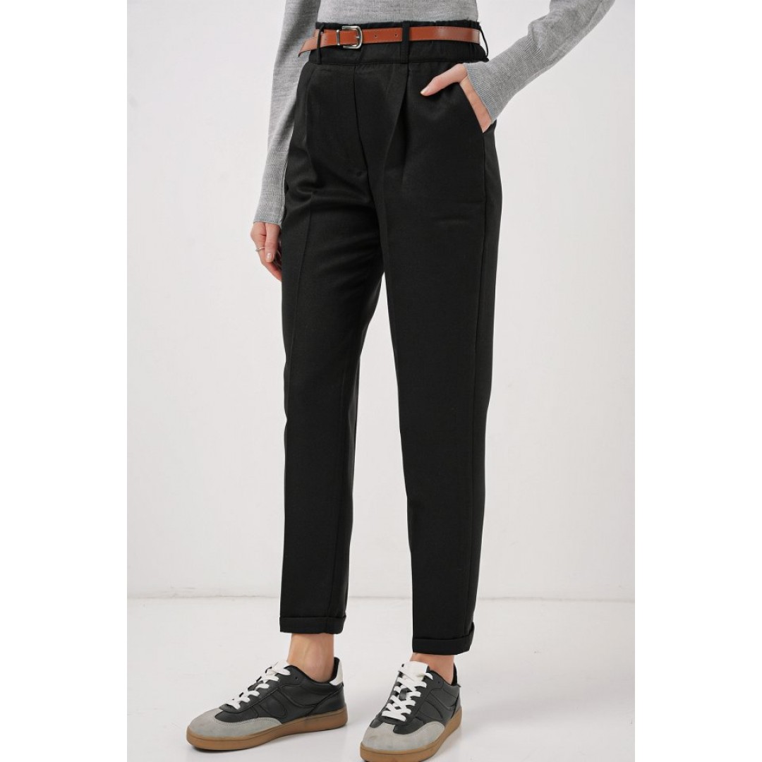 6686 Pileli Kemerli Kumaş Pantolon - Siyah 145739