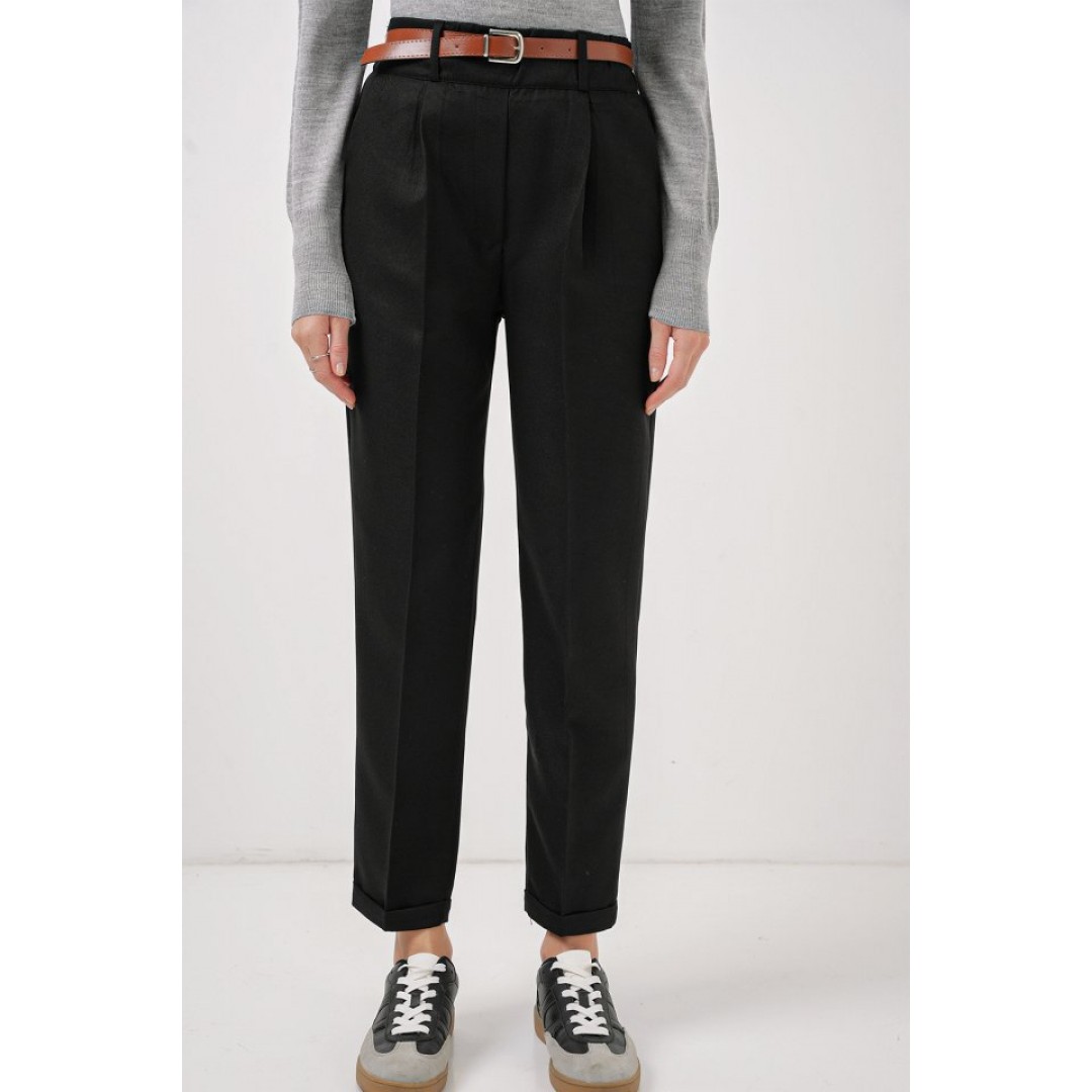 6686 Pileli Kemerli Kumaş Pantolon - Siyah 145739