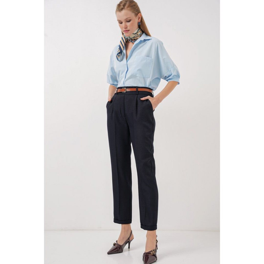 6686 Pileli Kemerli Kumaş Pantolon - Lacivert 145740 6686 Pileli Kemerli Kumaş Pantolon - Lacivert 145740