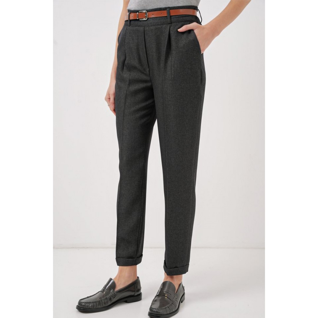 6686 Pileli Kemerli Kumaş Pantolon - Füme 145742