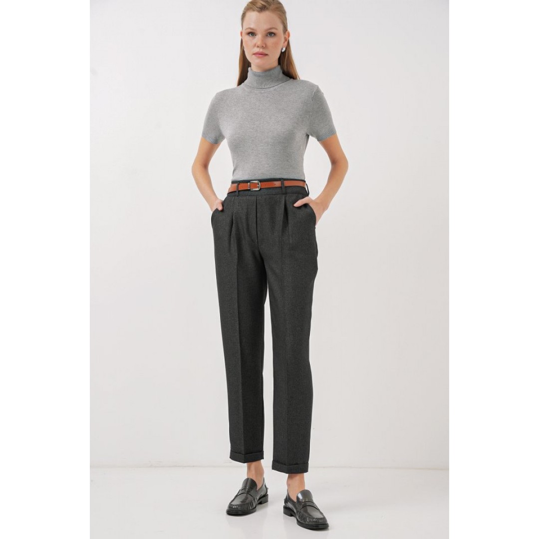 6686 Pileli Kemerli Kumaş Pantolon - Füme 145742