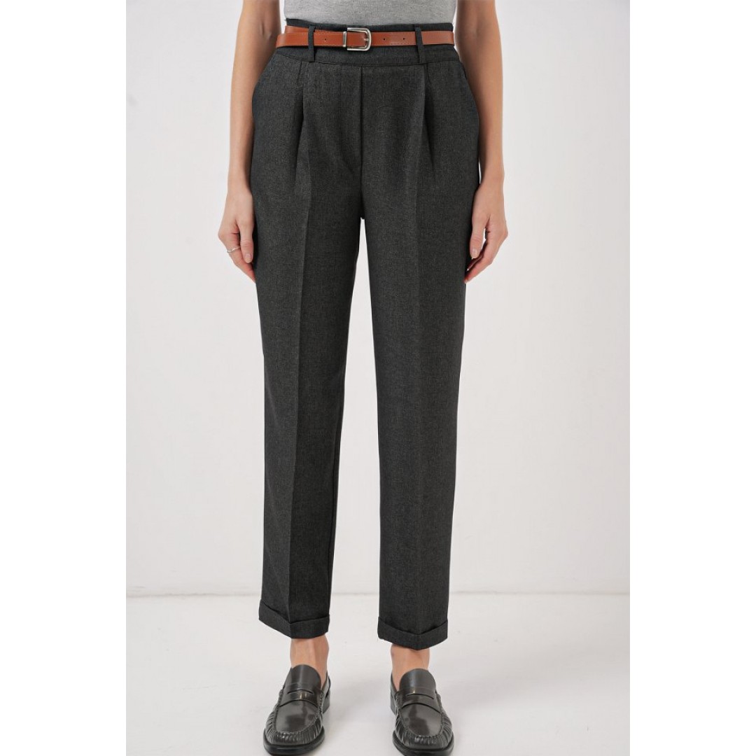 6686 Pileli Kemerli Kumaş Pantolon - Füme 145742