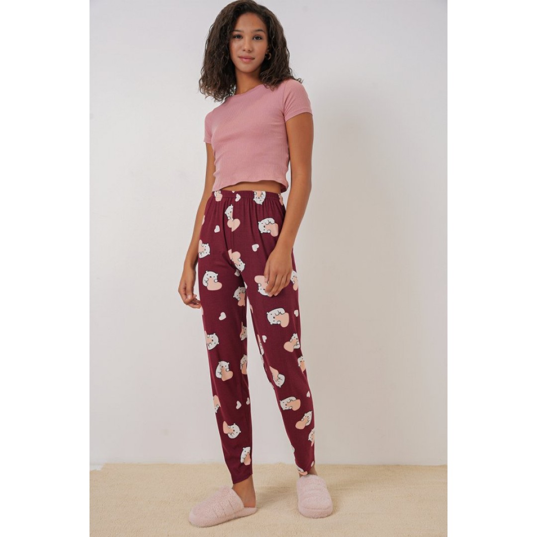 4323 Desenli Pijama Altı - Bordo 145745