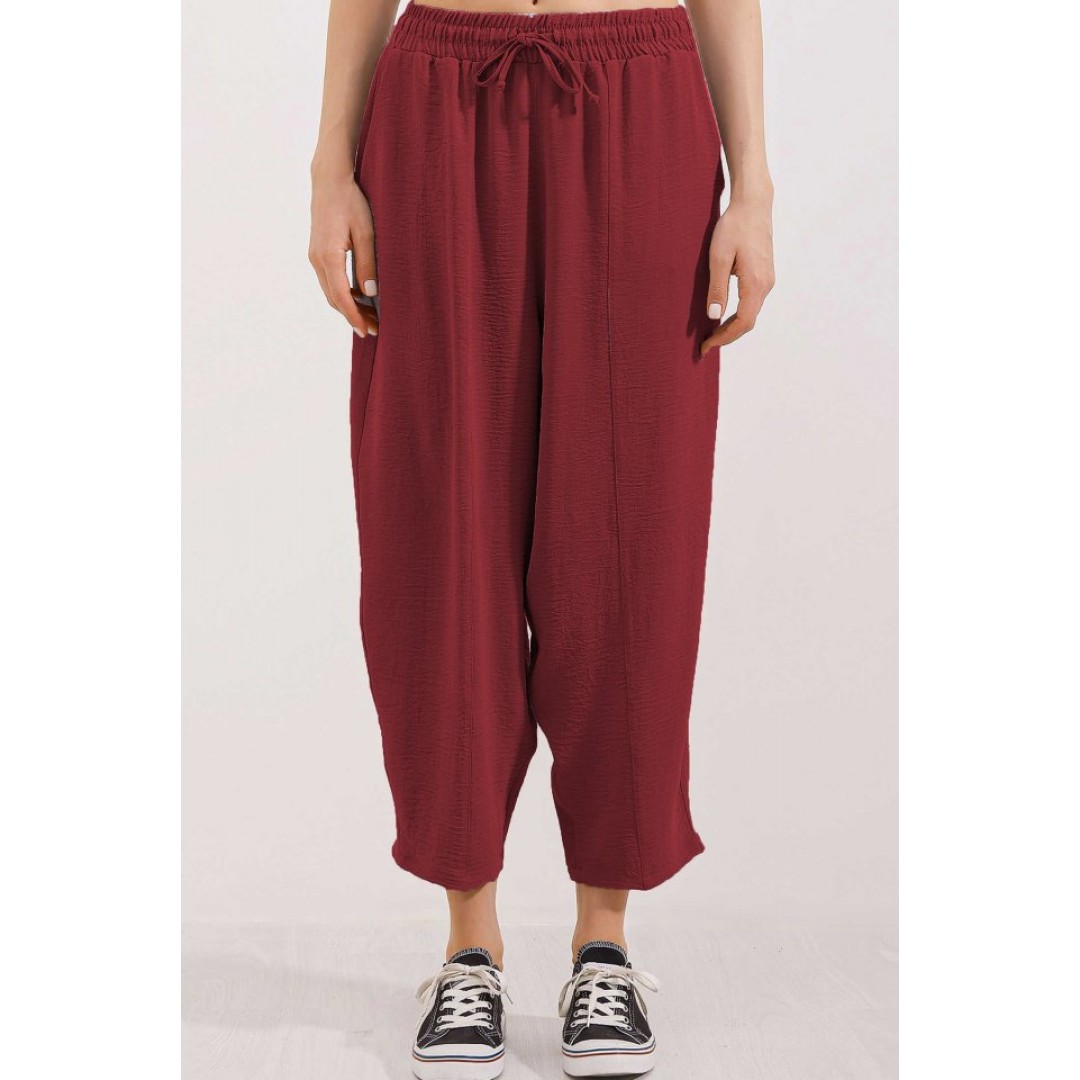 6591 Dokuma Şalvar Pantolon - Bordo