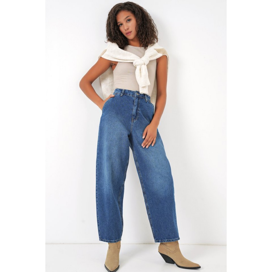 6688 Yüksek Bel Baggy Kot Pantolon - Lacivert