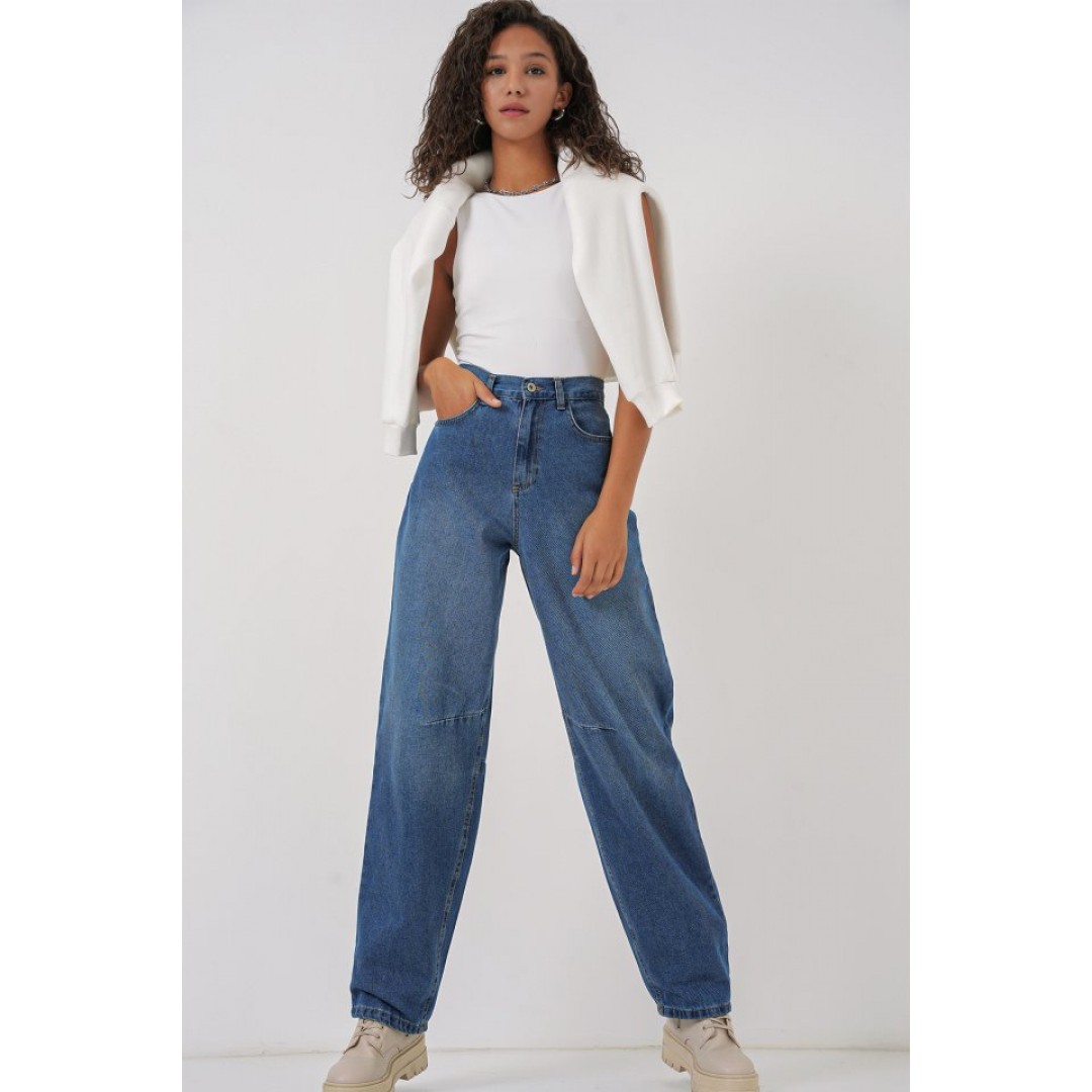 6689 Yüksek Bel Baggy Kot Pantolon - Lacivert