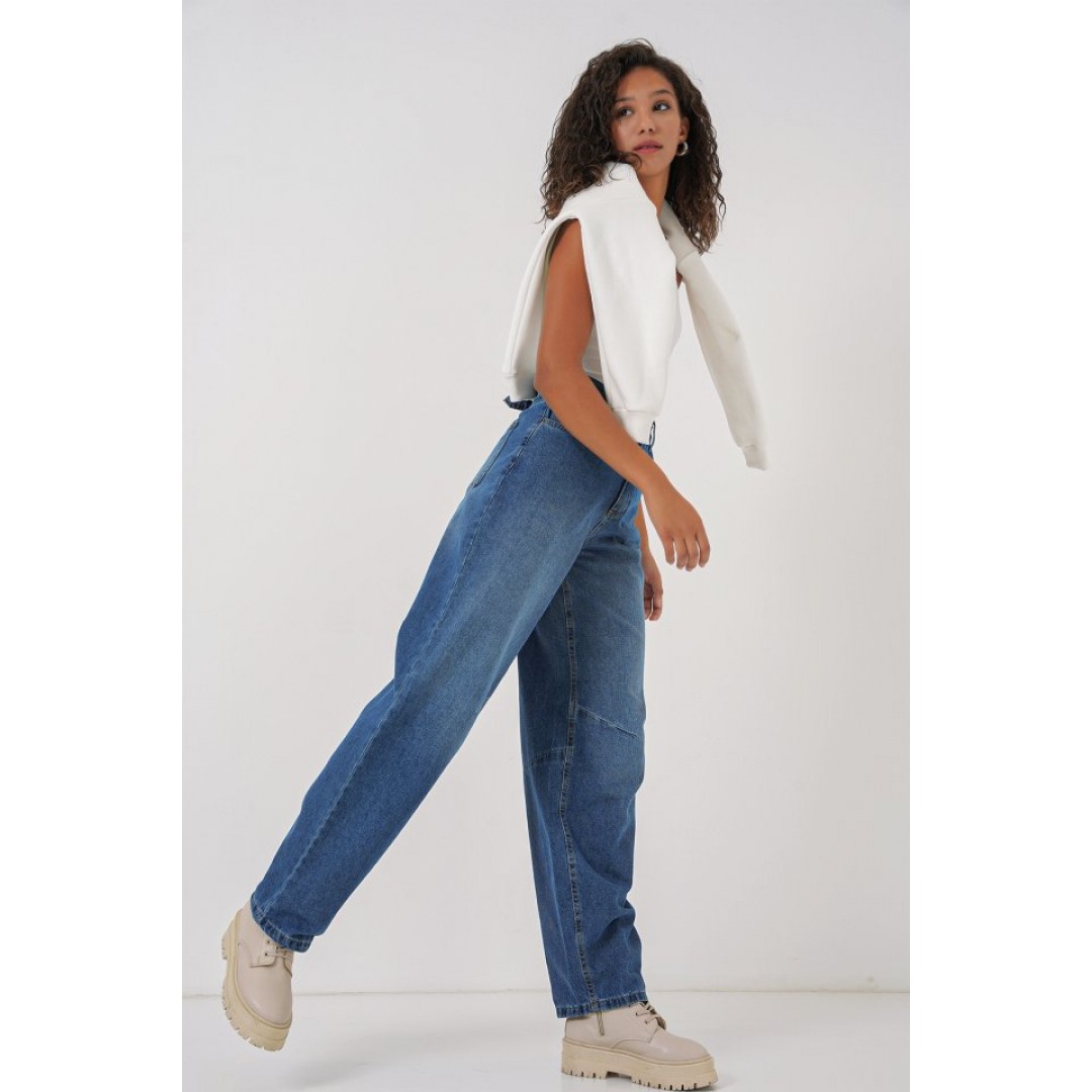 6689 Yüksek Bel Baggy Kot Pantolon - Lacivert 145774