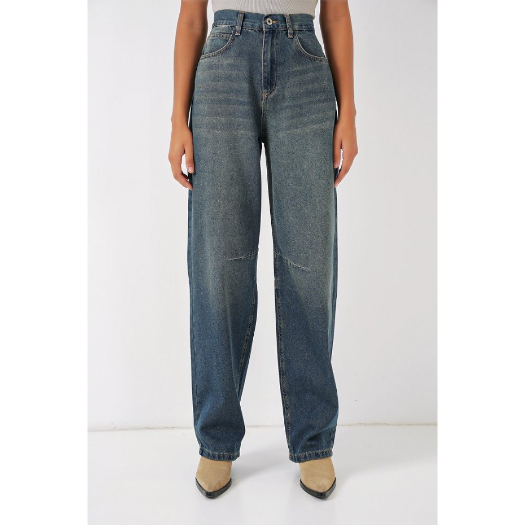 6689 Yüksek Bel Baggy Kot Pantolon - İndigo 145804