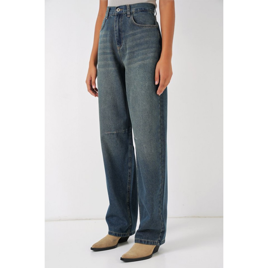 6689 Yüksek Bel Baggy Kot Pantolon - İndigo 145804