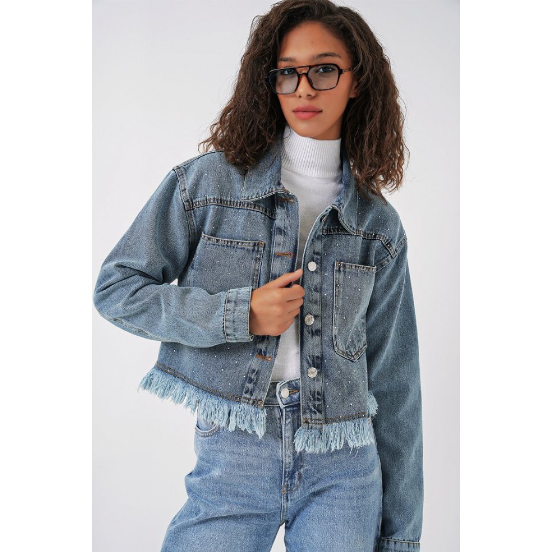 0716 Çift Cepli Crop Kot Ceket - Mavi 145836