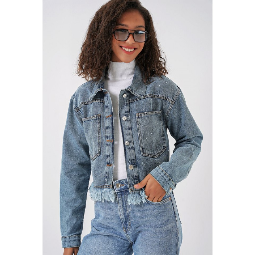 0716 Çift Cepli Crop Kot Ceket - Mavi 145836
