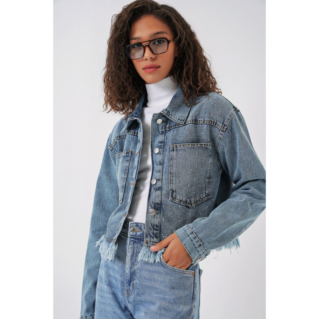 0716 Çift Cepli Crop Kot Ceket - Mavi 145836