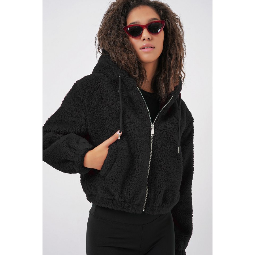5193 Kapüşonlu Peluş Crop Ceket - Siyah
