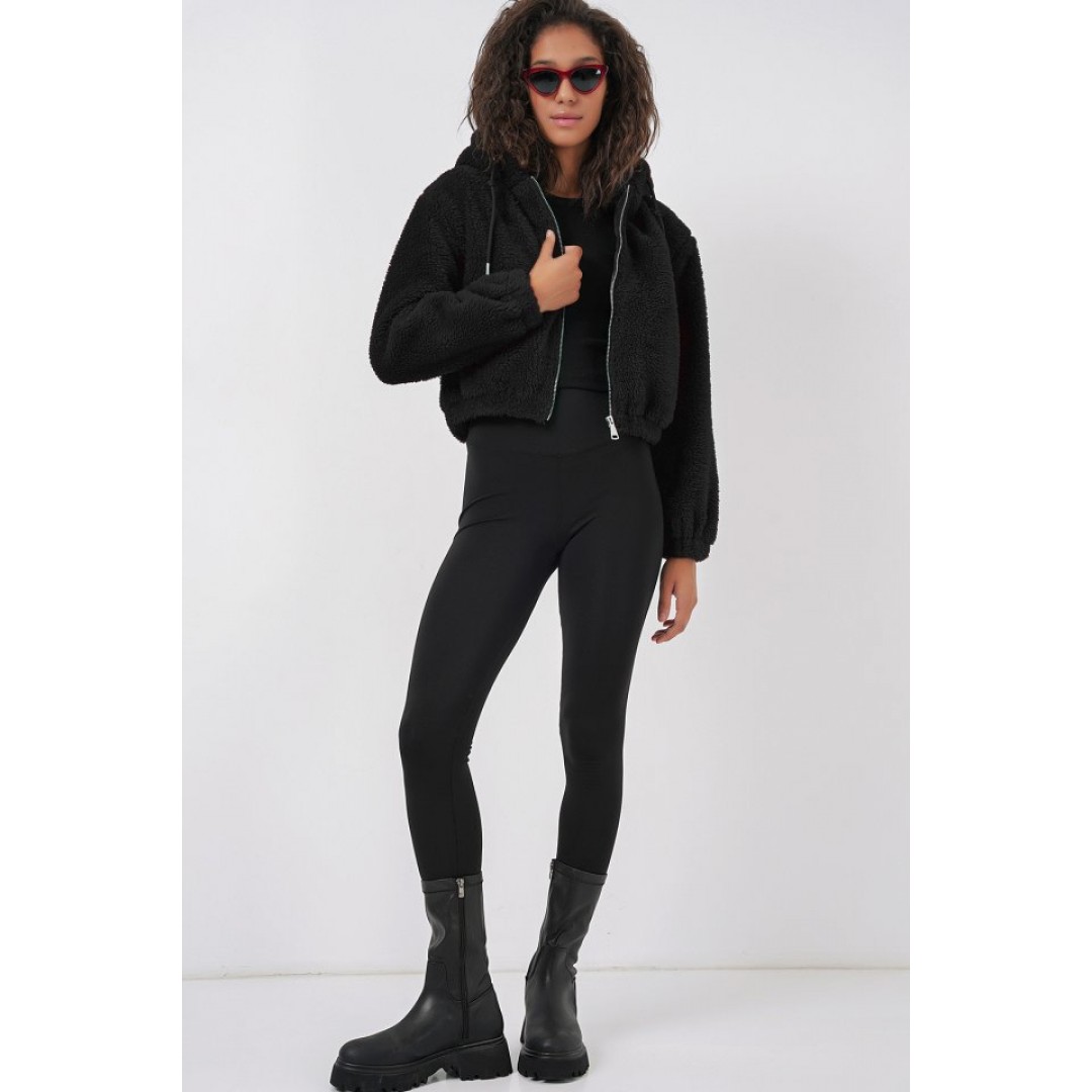 5193 Kapüşonlu Peluş Crop Ceket - Siyah 145855 5193 Kapüşonlu Peluş Crop Ceket - Siyah 145855