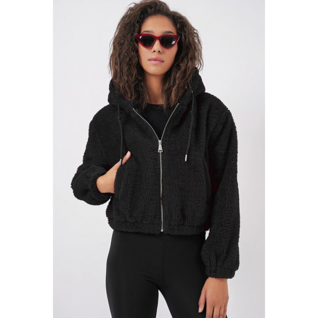 5193 Kapüşonlu Peluş Crop Ceket - Siyah 145855 5193 Kapüşonlu Peluş Crop Ceket - Siyah 145855