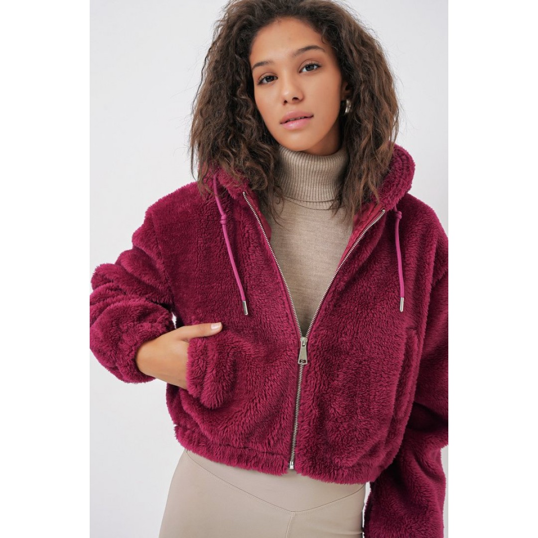 5193 Kapüşonlu Peluş Crop Ceket - Mürdüm
