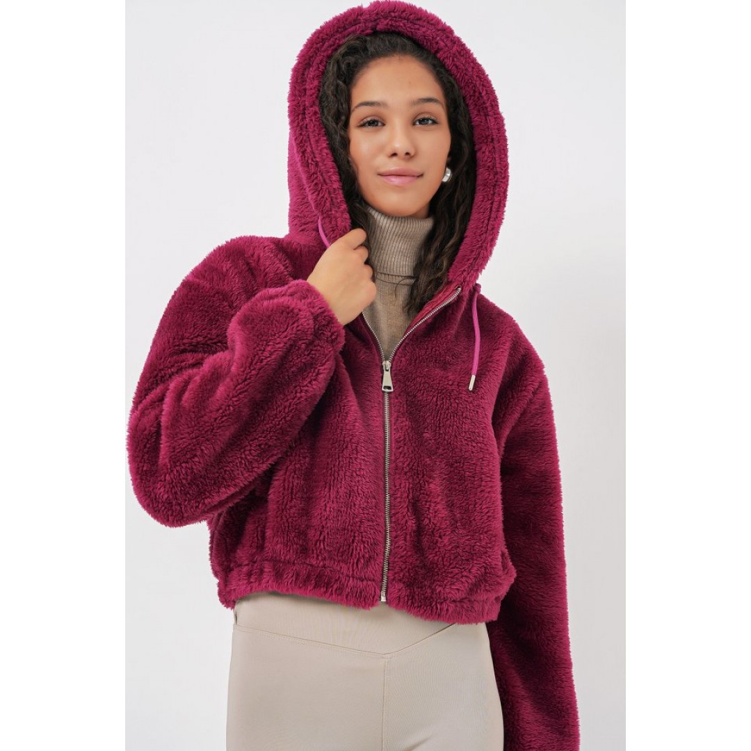 5193 Kapüşonlu Peluş Crop Ceket - Mürdüm 145859 5193 Kapüşonlu Peluş Crop Ceket - Mürdüm 145859