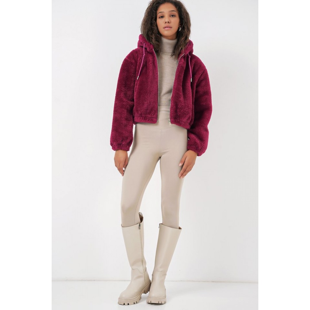 5193 Kapüşonlu Peluş Crop Ceket - Mürdüm 145859 5193 Kapüşonlu Peluş Crop Ceket - Mürdüm 145859