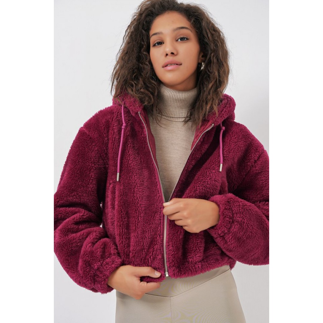 5193 Kapüşonlu Peluş Crop Ceket - Mürdüm 145859 5193 Kapüşonlu Peluş Crop Ceket - Mürdüm 145859