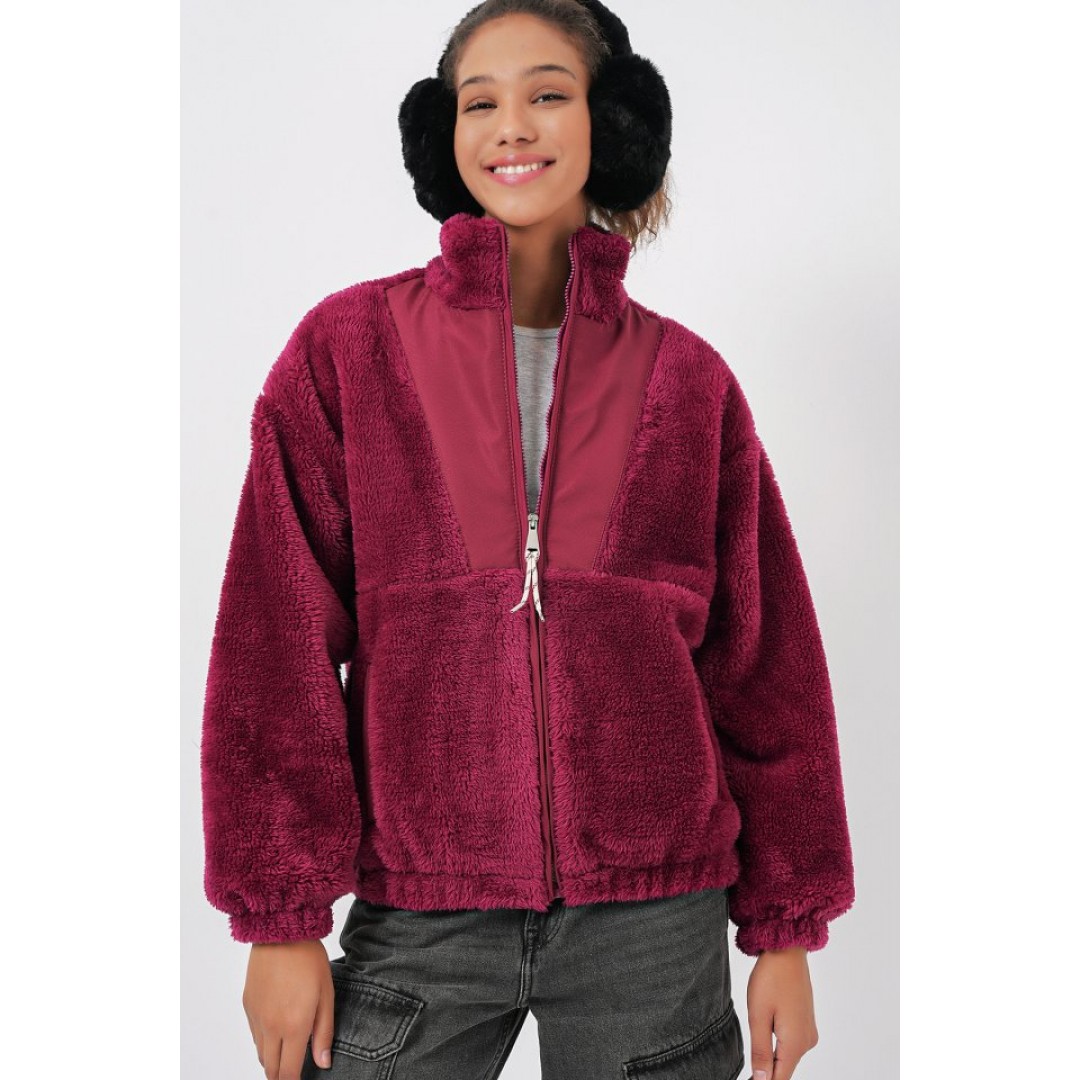 5194 Peluş Mont Ceket - Mürdüm
