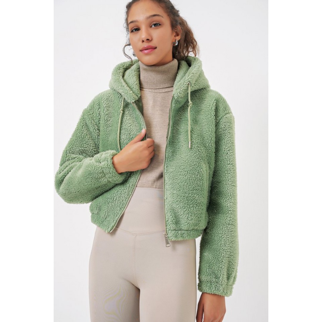 5193 Kapüşonlu Peluş Crop Ceket - E.Yeşil 145862 5193 Kapüşonlu Peluş Crop Ceket - E.Yeşil 145862