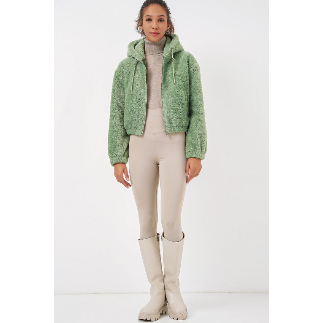 5193 Kapüşonlu Peluş Crop Ceket - E.Yeşil 145862 5193 Kapüşonlu Peluş Crop Ceket - E.Yeşil 145862