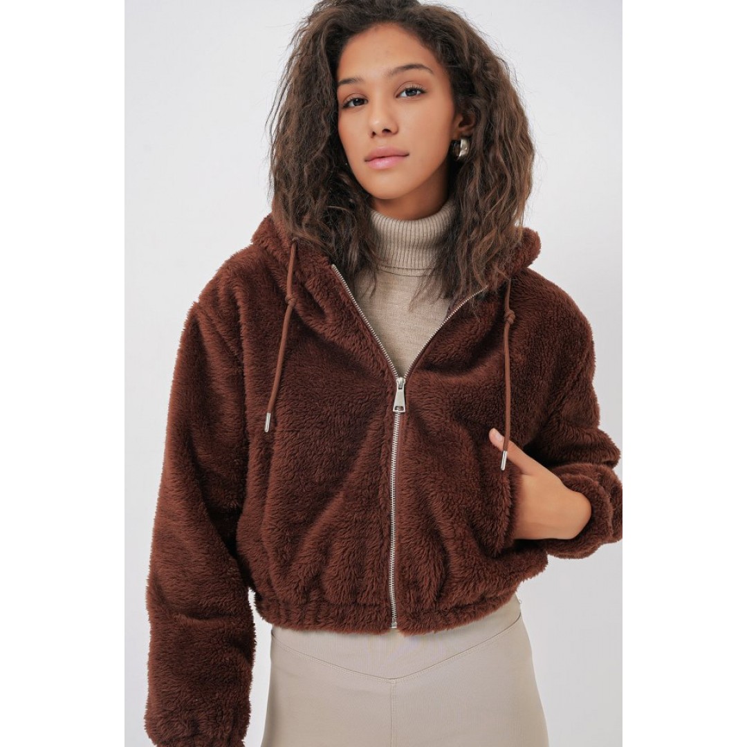 5193 Kapüşonlu Peluş Crop Ceket - Kahverengi