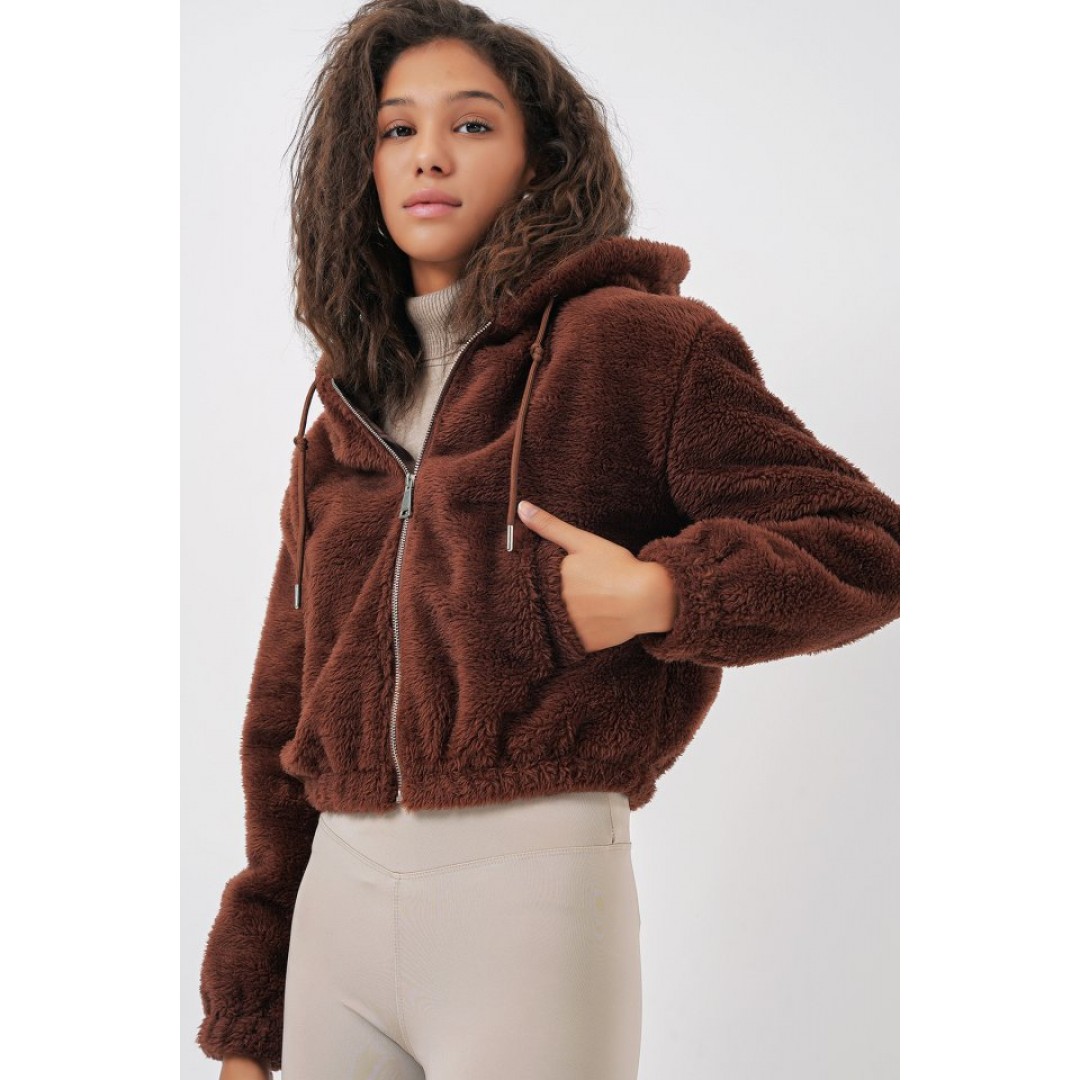 5193 Kapüşonlu Peluş Crop Ceket - Kahverengi 145863 5193 Kapüşonlu Peluş Crop Ceket - Kahverengi 145863