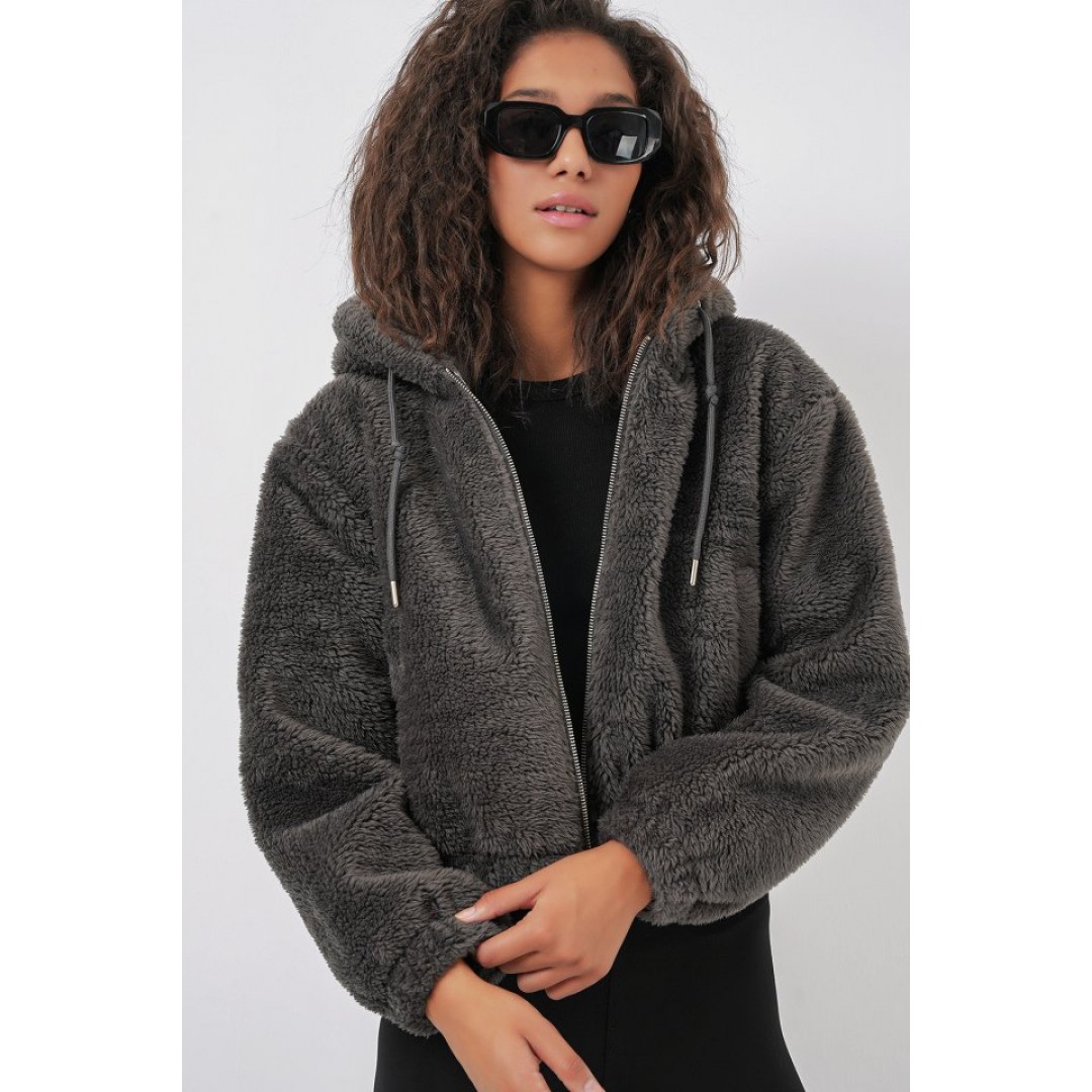 5193 Kapüşonlu Peluş Crop Ceket - Antrasit 145864