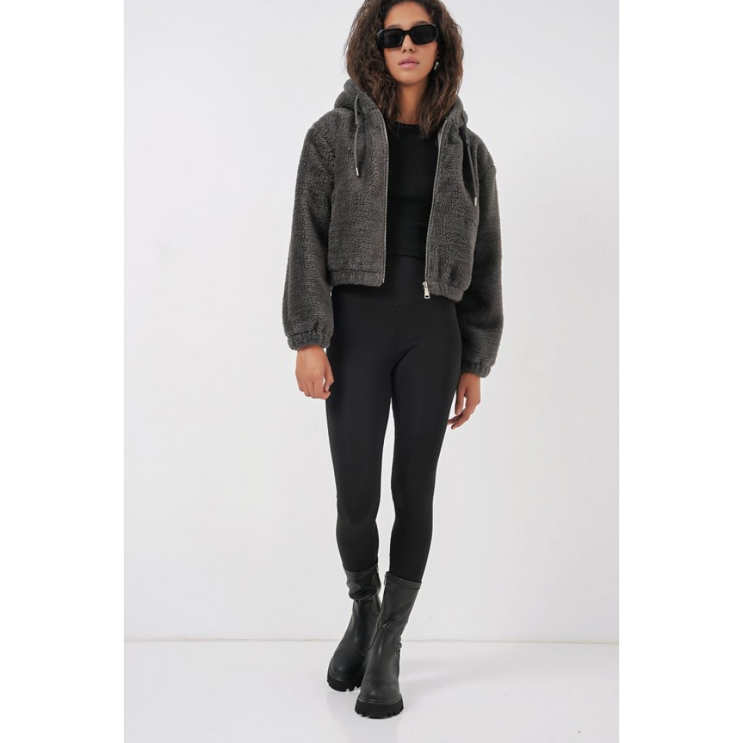 5193 Kapüşonlu Peluş Crop Ceket - Antrasit 145864