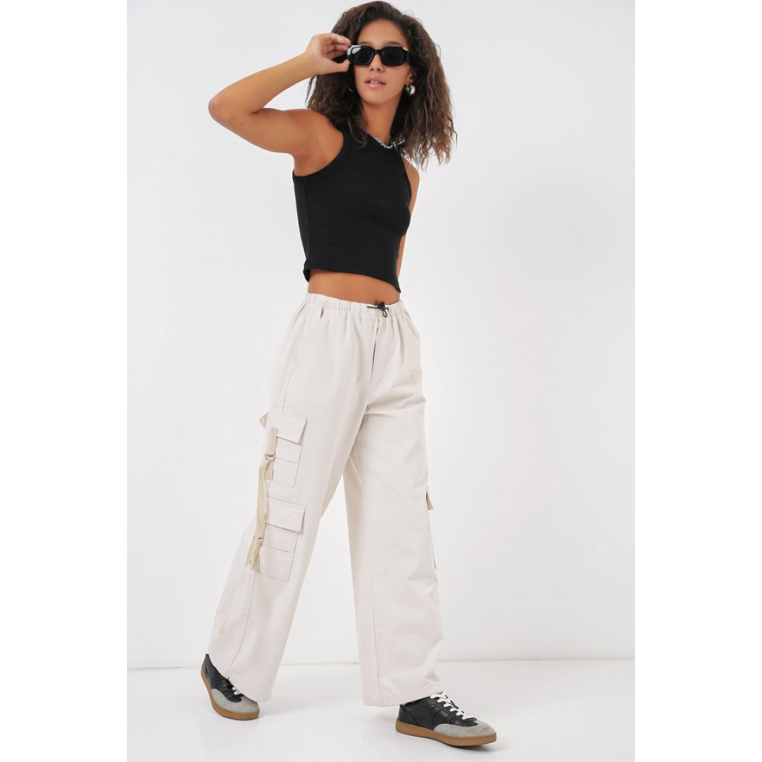 6691 Geniş Paça Kargo Pantolon - Ekru