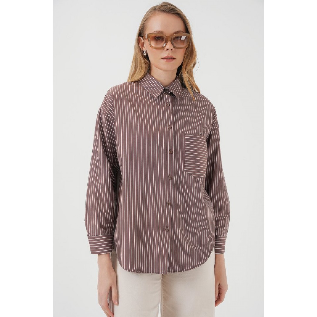 20205 Çizgili Oversize Gömlek - Kahverengi 145875 20205 Çizgili Oversize Gömlek - Kahverengi 145875