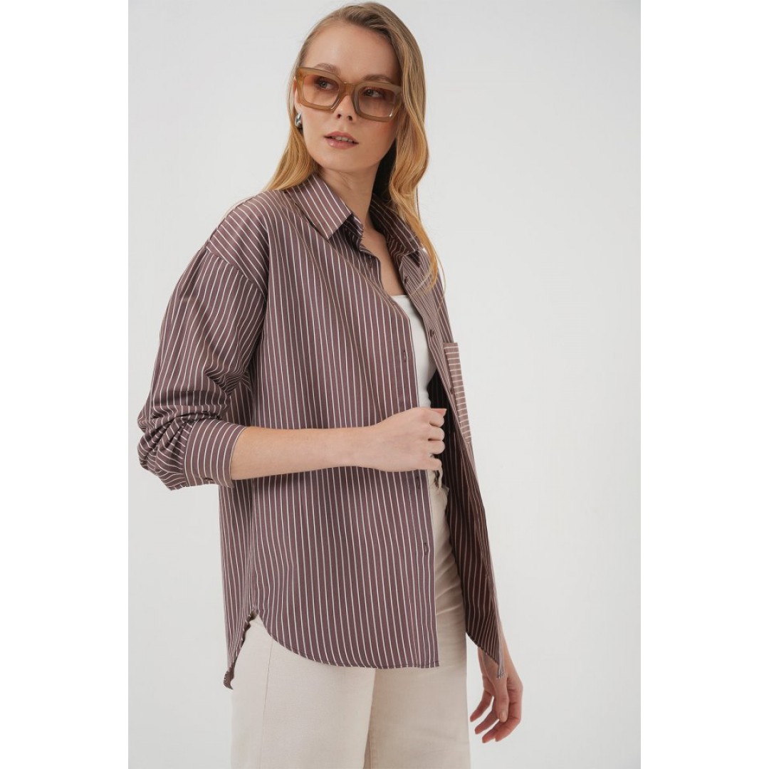 20205 Çizgili Oversize Gömlek - Kahverengi 145875 20205 Çizgili Oversize Gömlek - Kahverengi 145875
