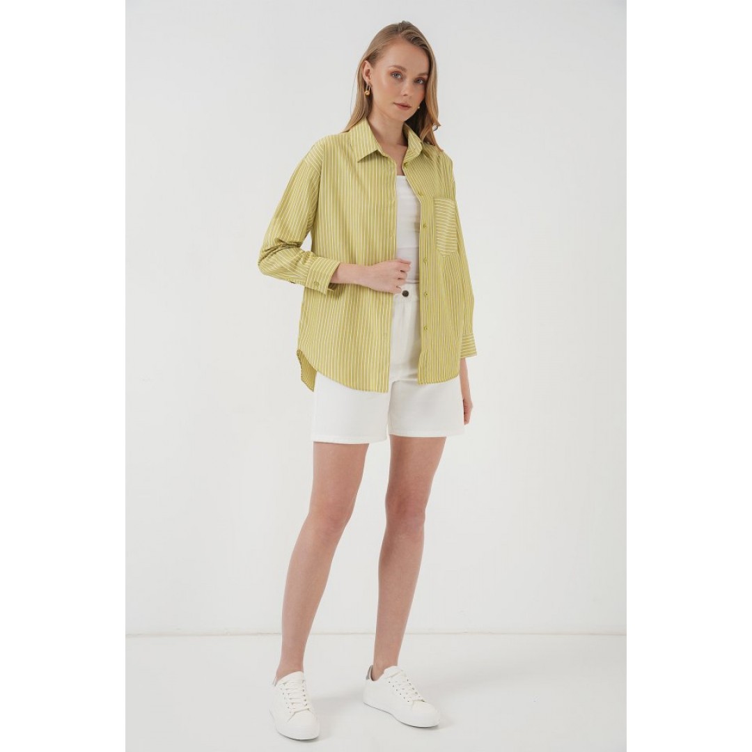 20205 Çizgili Oversize Gömlek - Yağ Yeşil 145877
