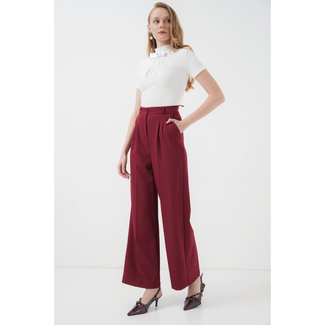 6647 Bol Paça Kumaş Pantolon - Bordo
