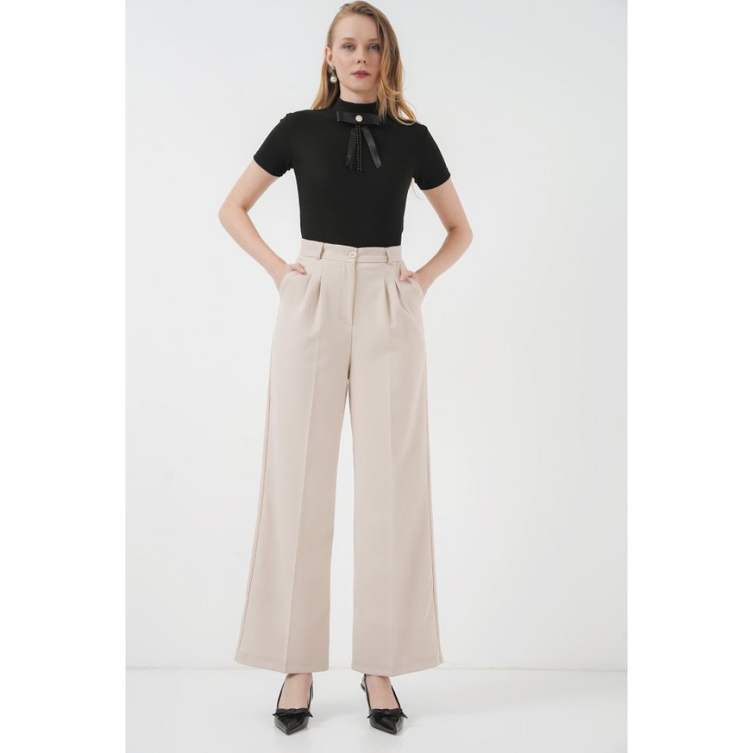 6647 Bol Paça Kumaş Pantolon - Krem 145880 6647 Bol Paça Kumaş Pantolon - Krem 145880